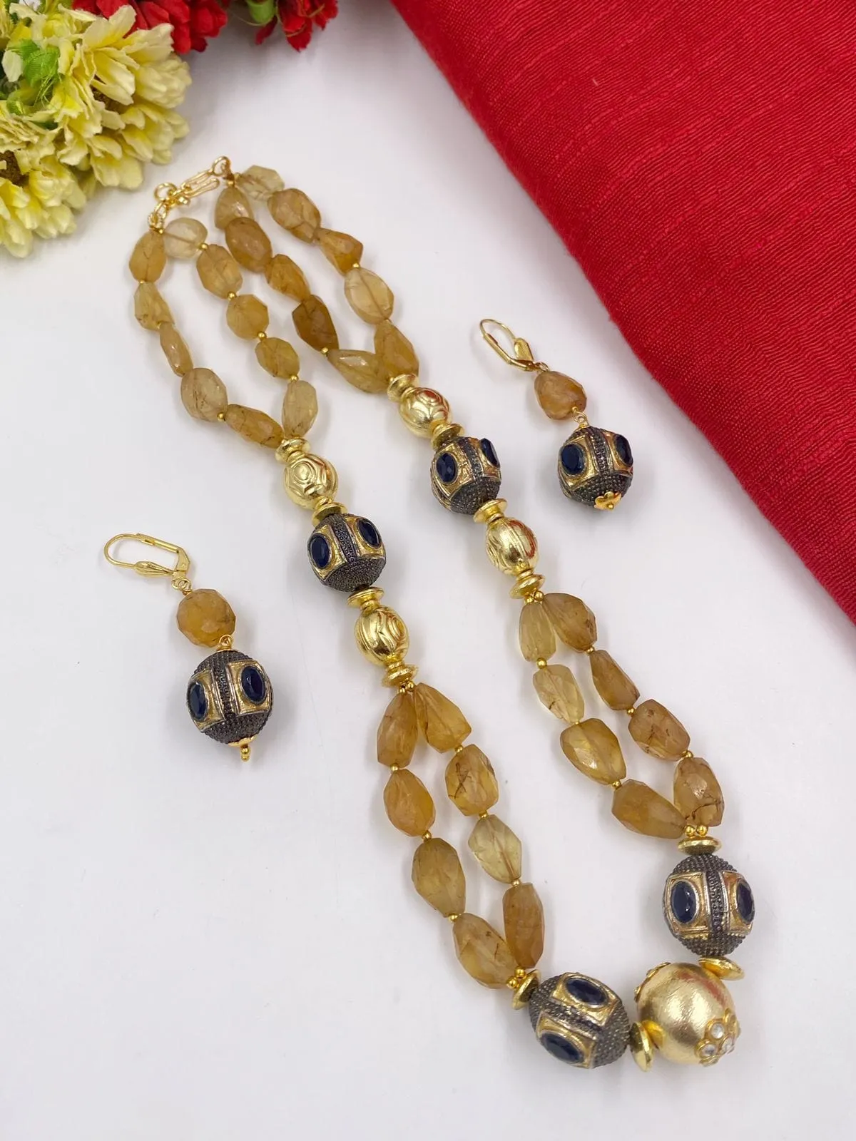 Designer Semi Precious Yellow Citrine Layered Beads Necklace For Women By Gehna Shop