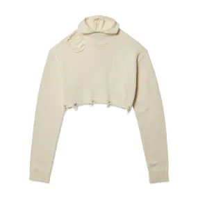 DISTRESSED HOODIE SWEATER - IVORY