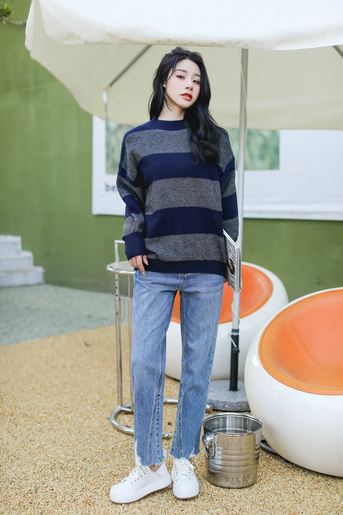 Drop Shoulder Striped Sweater