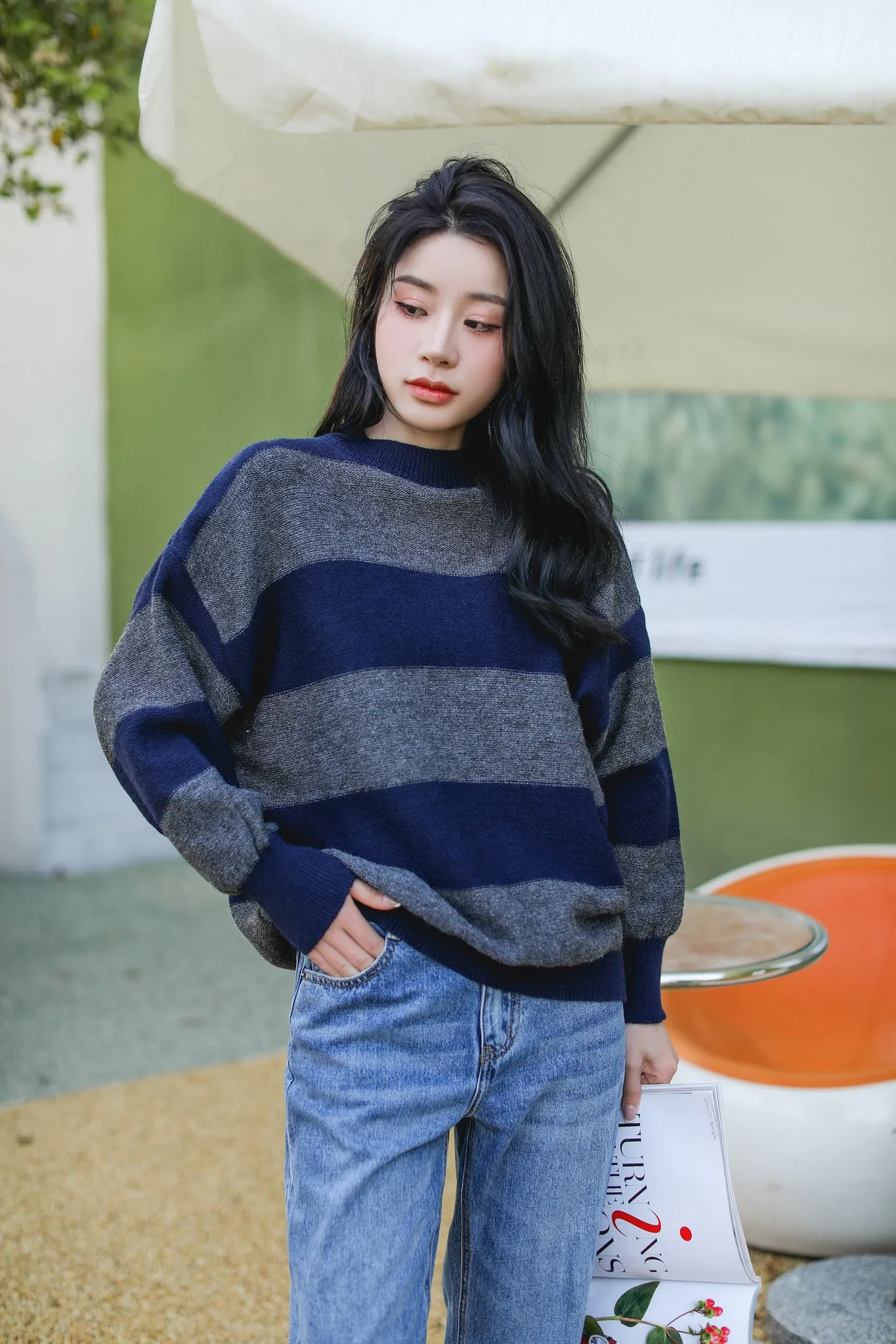 Drop Shoulder Striped Sweater