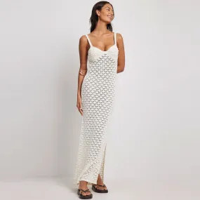 Elegant Chunky Rib Sweetheart Split Sheer Crochet Knit Maxi Cover Up Dress