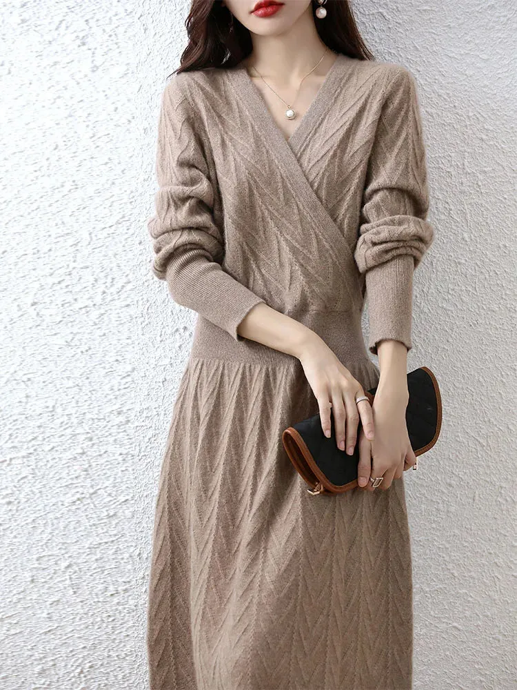 Elegant Fashion Cashmere Sweater Women Dresses 100% Merino Wool V-Neck Long-Sleeve Thick Knitted Dress Winter Long A-Line Skirts