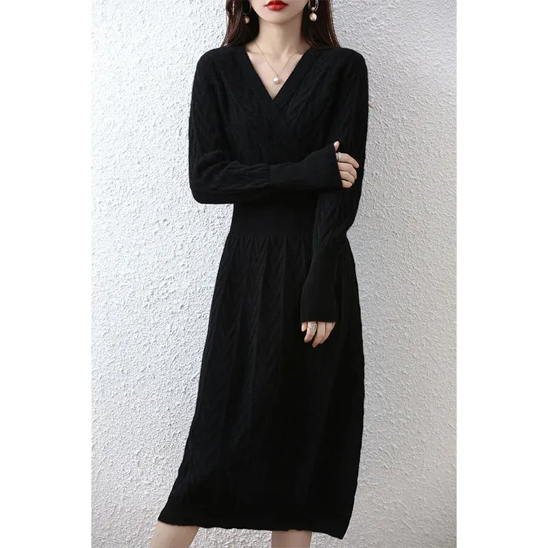 Elegant Fashion Cashmere Sweater Women Dresses 100% Merino Wool V-Neck Long-Sleeve Thick Knitted Dress Winter Long A-Line Skirts