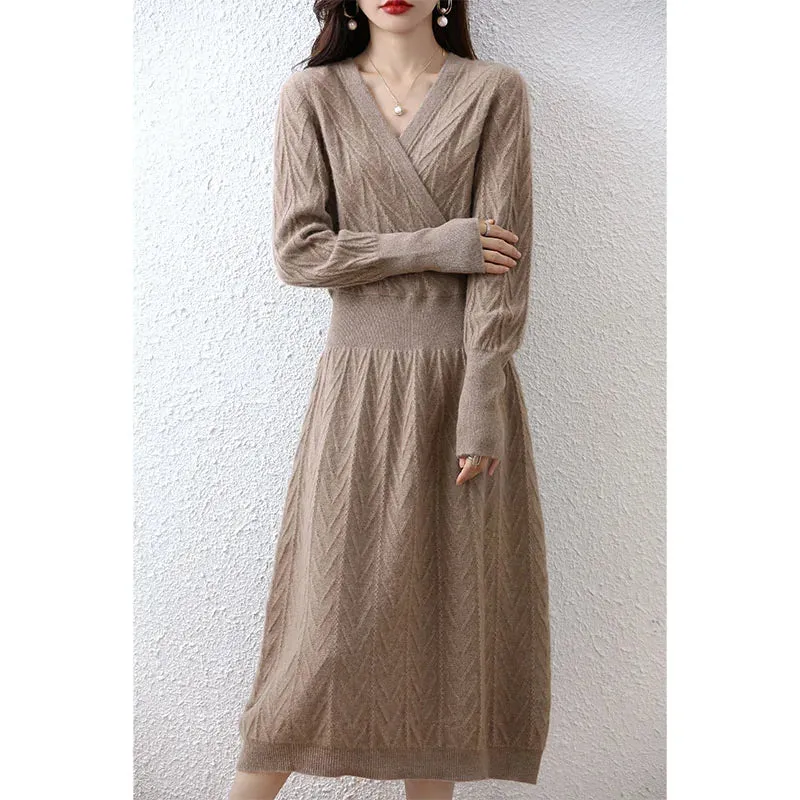 Elegant Fashion Cashmere Sweater Women Dresses 100% Merino Wool V-Neck Long-Sleeve Thick Knitted Dress Winter Long A-Line Skirts