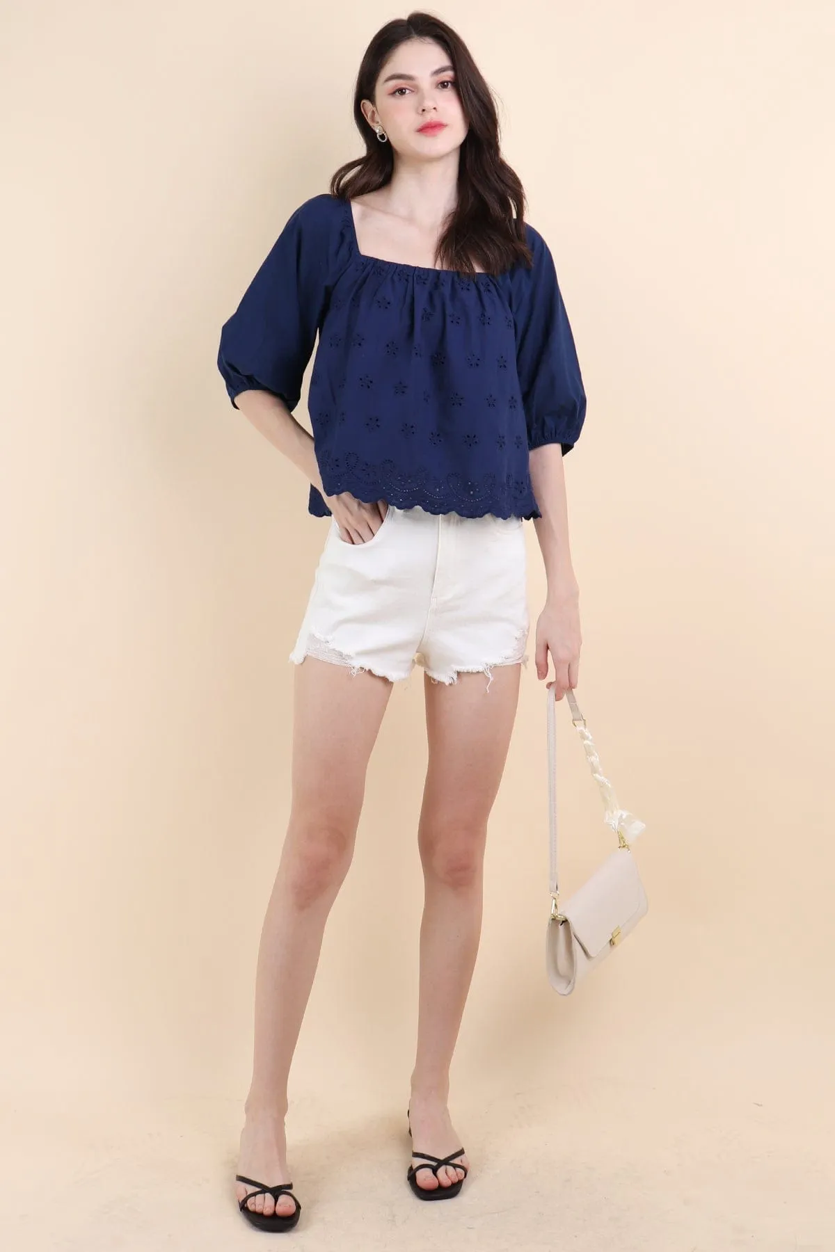 ELIAH EYELET SLEEVED TOP IN NAVY BLUE