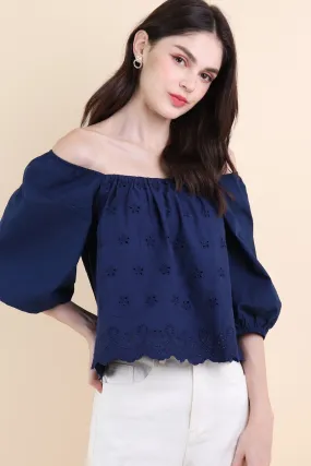 ELIAH EYELET SLEEVED TOP IN NAVY BLUE