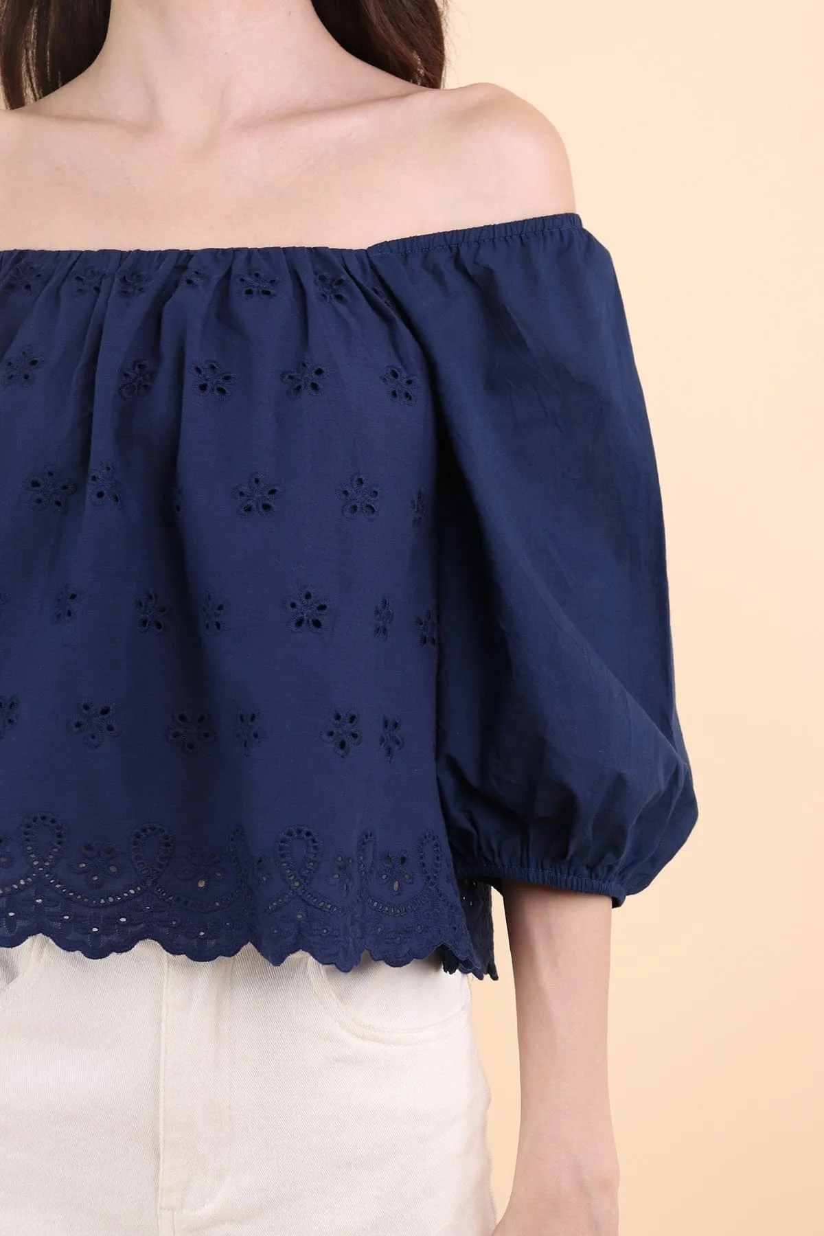 ELIAH EYELET SLEEVED TOP IN NAVY BLUE