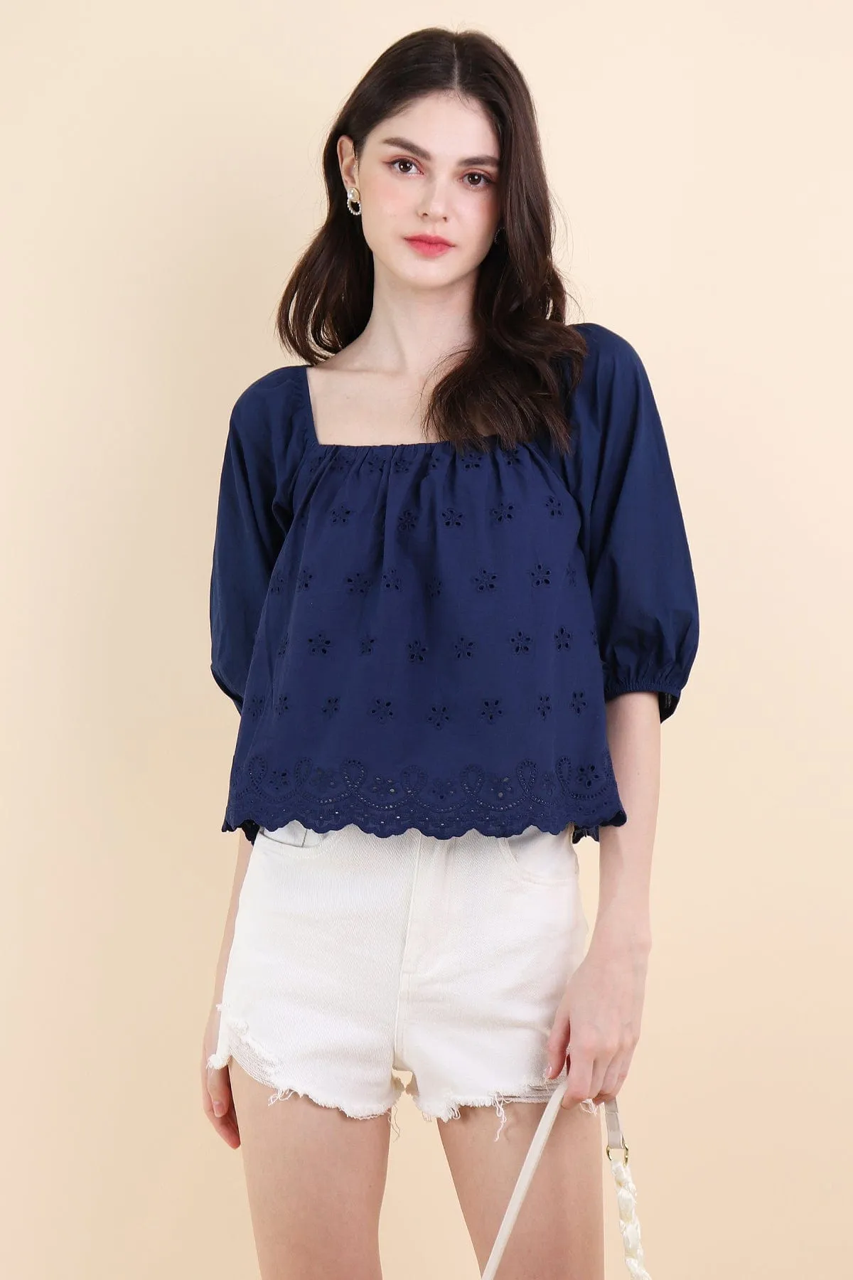 ELIAH EYELET SLEEVED TOP IN NAVY BLUE