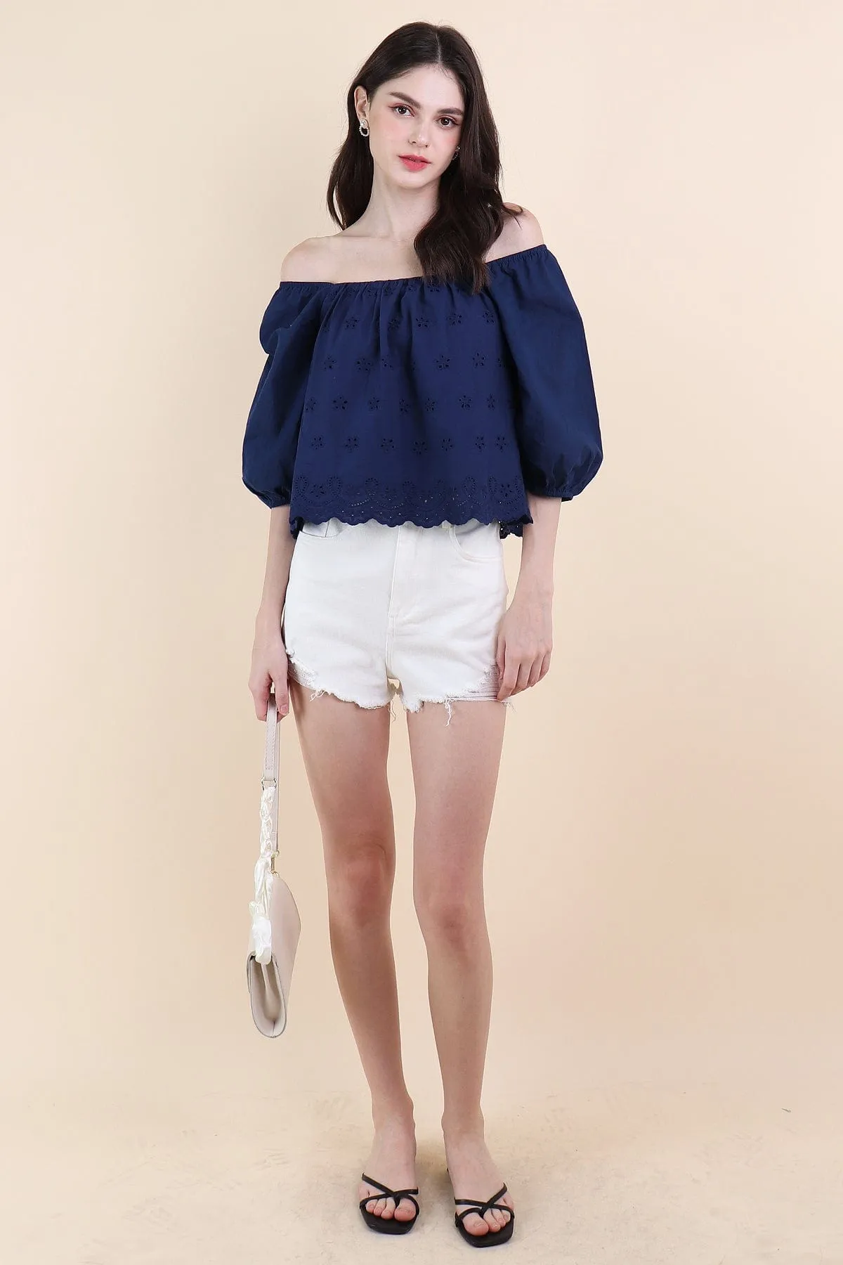 ELIAH EYELET SLEEVED TOP IN NAVY BLUE