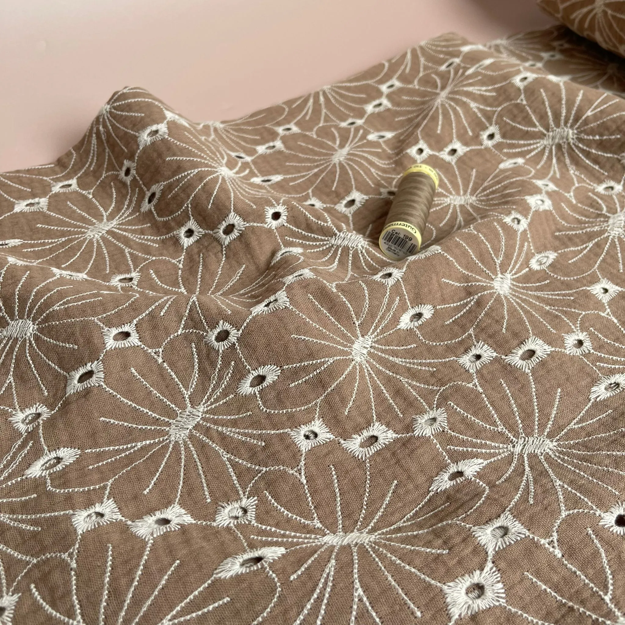 Embroidered Flowers on Soft Fawn Cotton Double Gauze