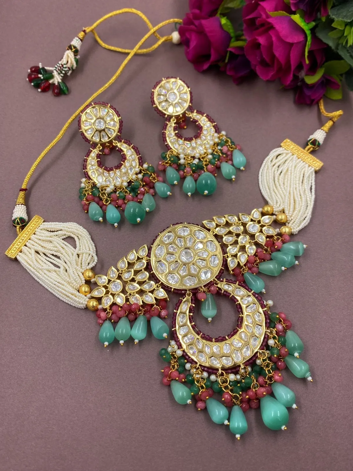 Exclusive High Quality Gold Plated Heavy Polki Kundan Choker Necklace Set