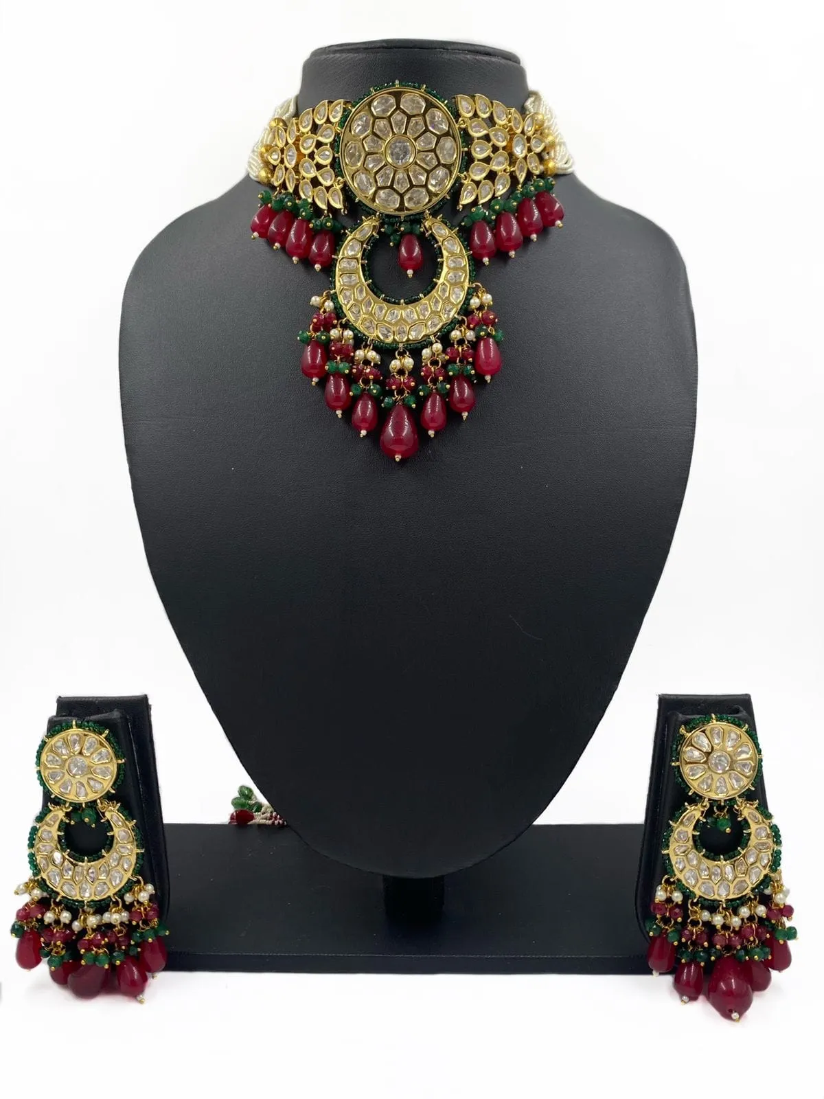 Exclusive High Quality Gold Plated Heavy Polki Kundan Choker Necklace Set