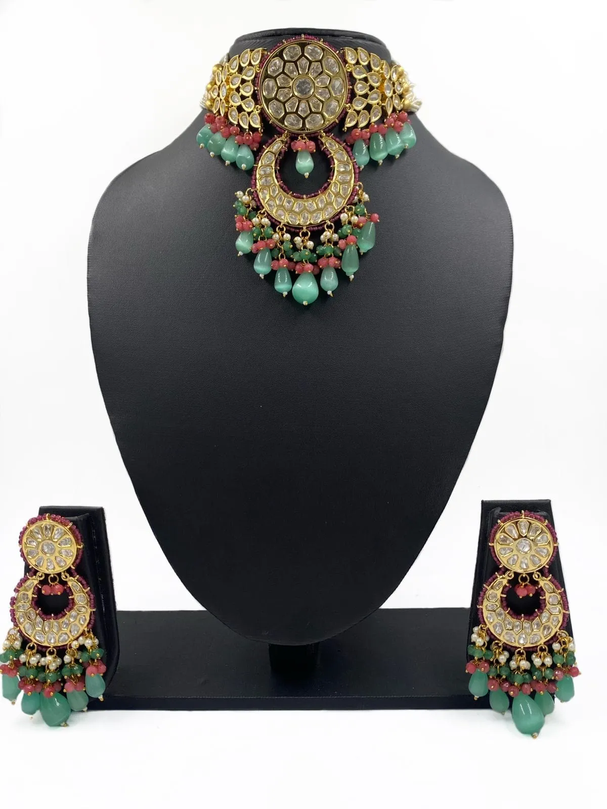 Exclusive High Quality Gold Plated Heavy Polki Kundan Choker Necklace Set