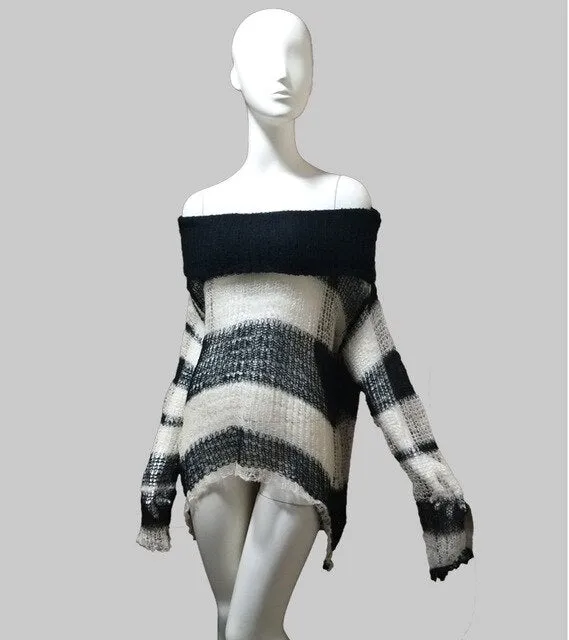 'Falter' Black and White Open Knit Grunge Sweater