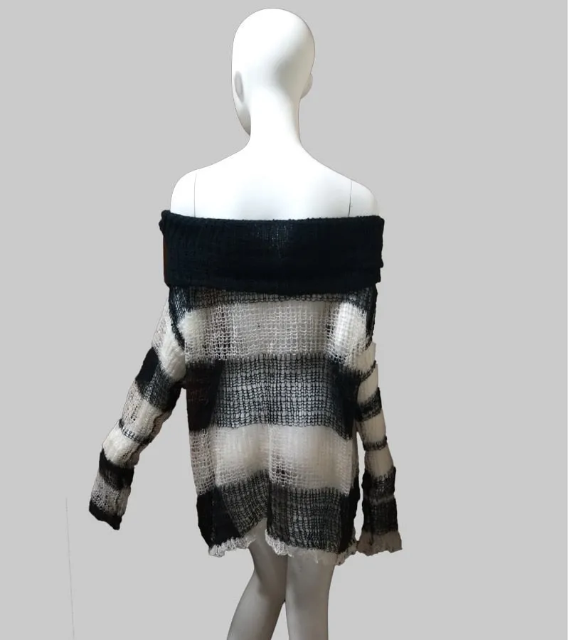 'Falter' Black and White Open Knit Grunge Sweater