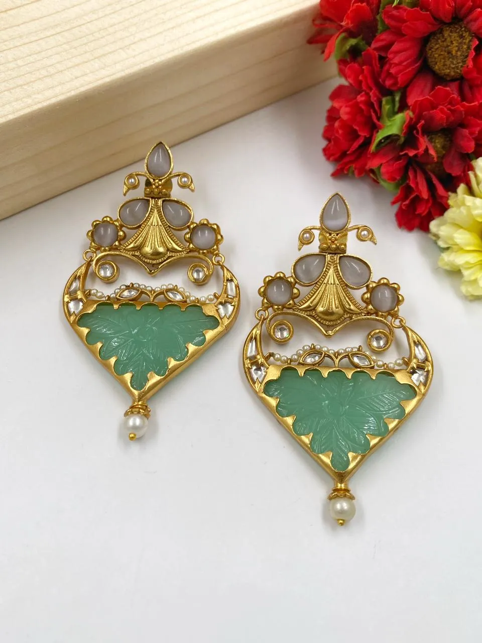 Gehna Shops Designer Mint Green Stone Statement Earrings For Women