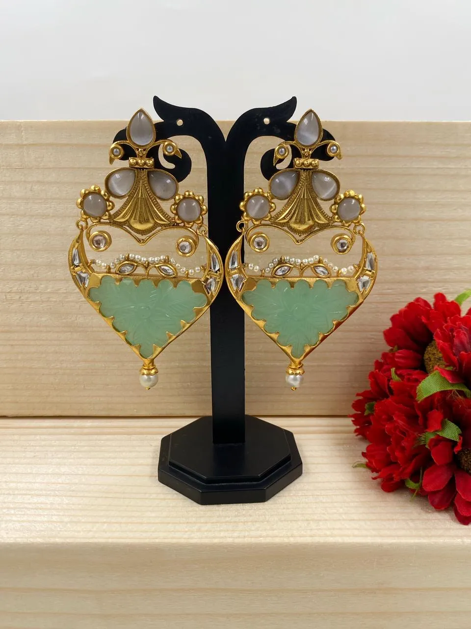 Gehna Shops Designer Mint Green Stone Statement Earrings For Women