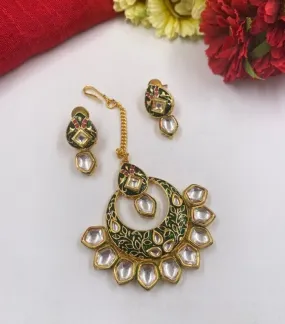 Gold Plated Green Meenakari Kundan Maang Tikka With Earrings By Gehna Shop