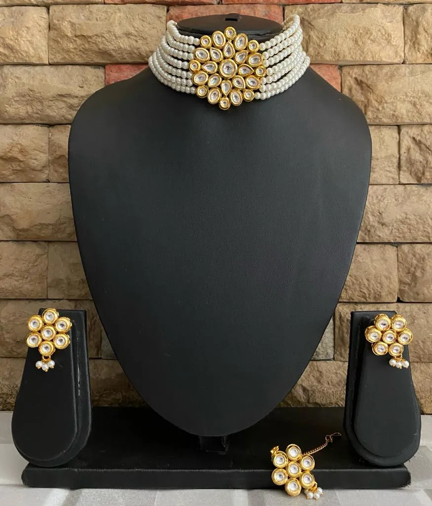 Gold Toned Kundan Pearls Beaded Choker Necklace Set For Ladies