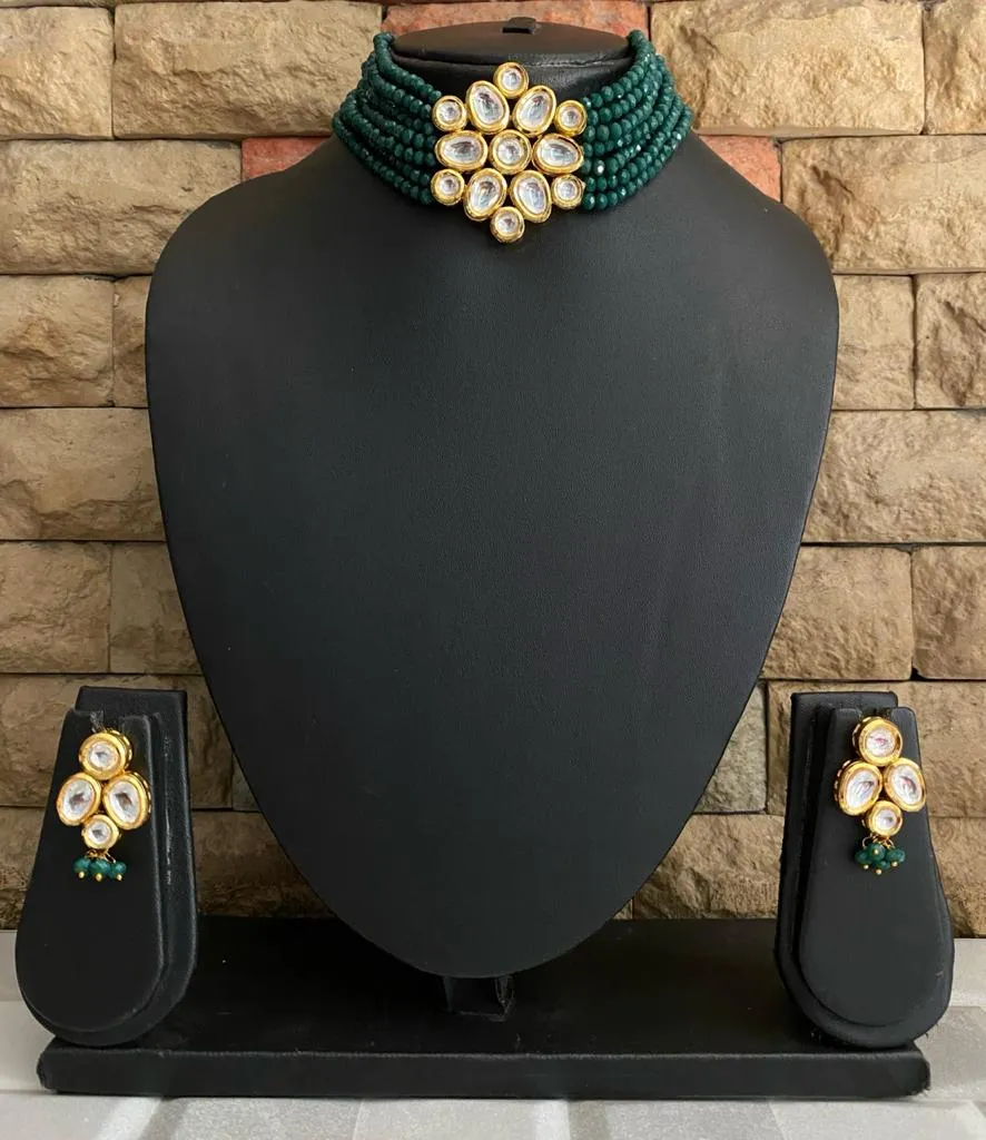 Gold Toned Studded Kundan Green Beads Choker Necklace Set