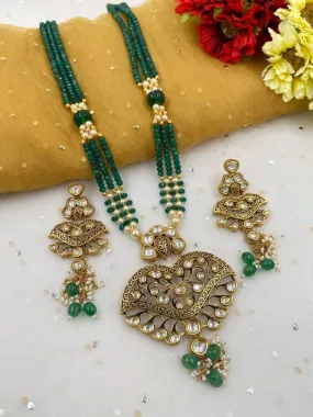 Gold Toned Wedding Antique Kundan Pendant Long Necklace Set For Woman