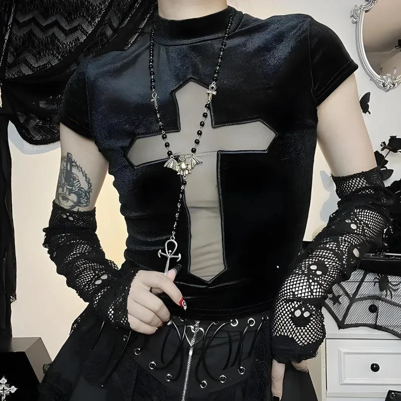 Goth Cross Cut Out Velvet Top