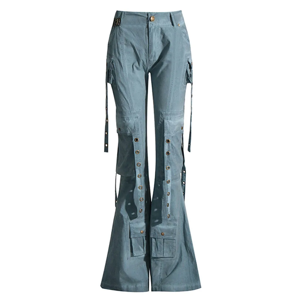 Gothic Low Rise Metallic Grommet Multi Cargo Pocket Flared Denim Jeans