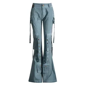 Gothic Low Rise Metallic Grommet Multi Cargo Pocket Flared Denim Jeans