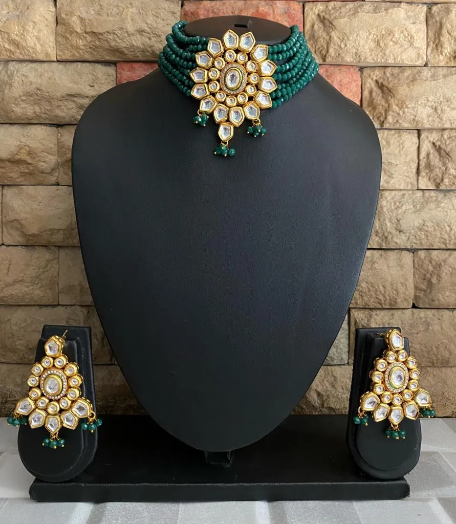 Green Gold Toned Kundan Beaded Choker Necklace Set