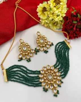 Green Gold Toned Kundan Beaded Choker Necklace Set