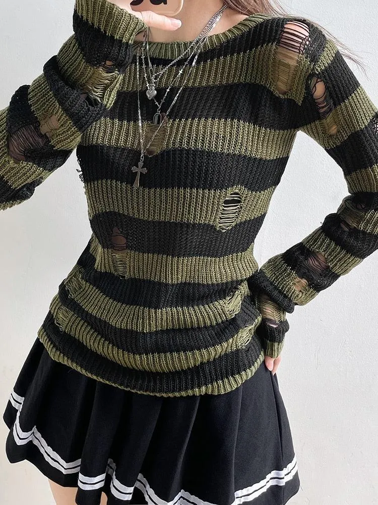 Grunge Distressed Striped Sweater