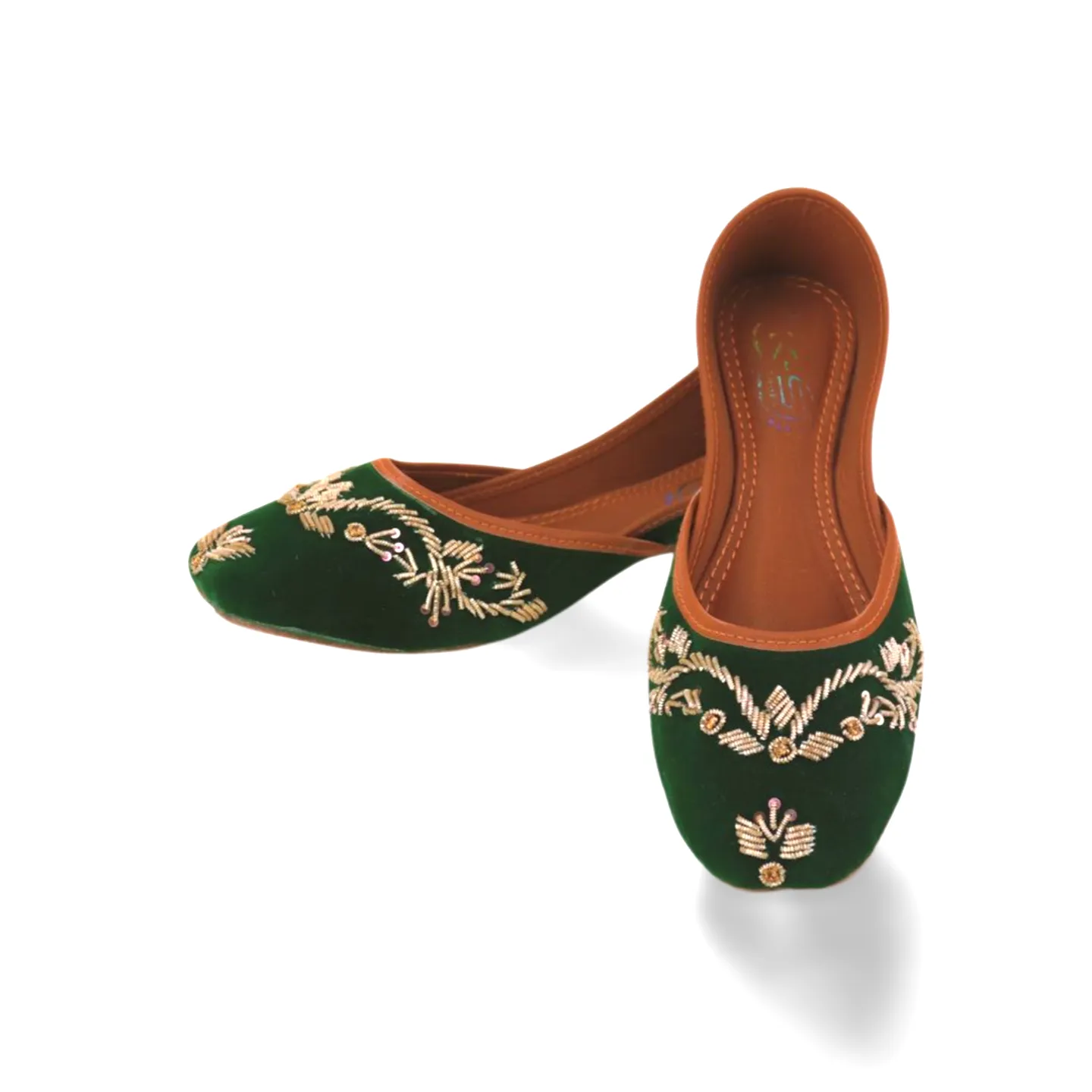 Hand-Stitched Velvet Embroidery Fancy Khussa for Women | Green Velvet Jutti Gold Dabka Work - 10Khu