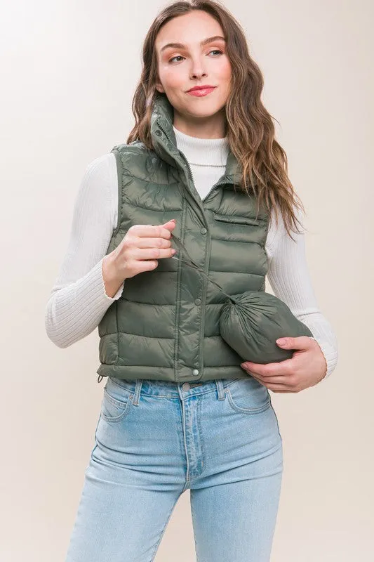 Helen High Neck Zip Up Puffer Vest with Storage Pouch