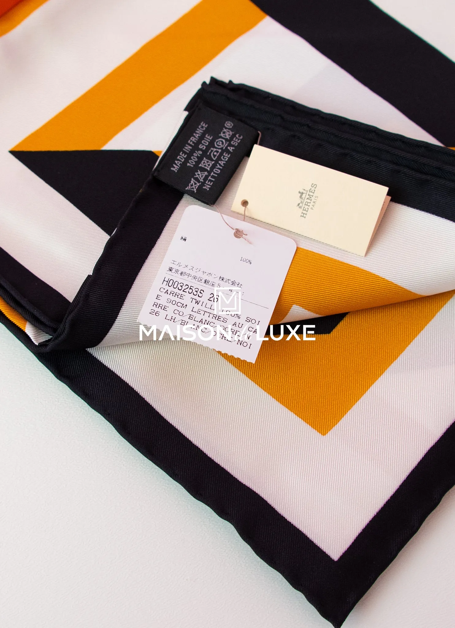 Hermes "Lettres au Carre" Yellow Twill Silk 90 cm Scarf