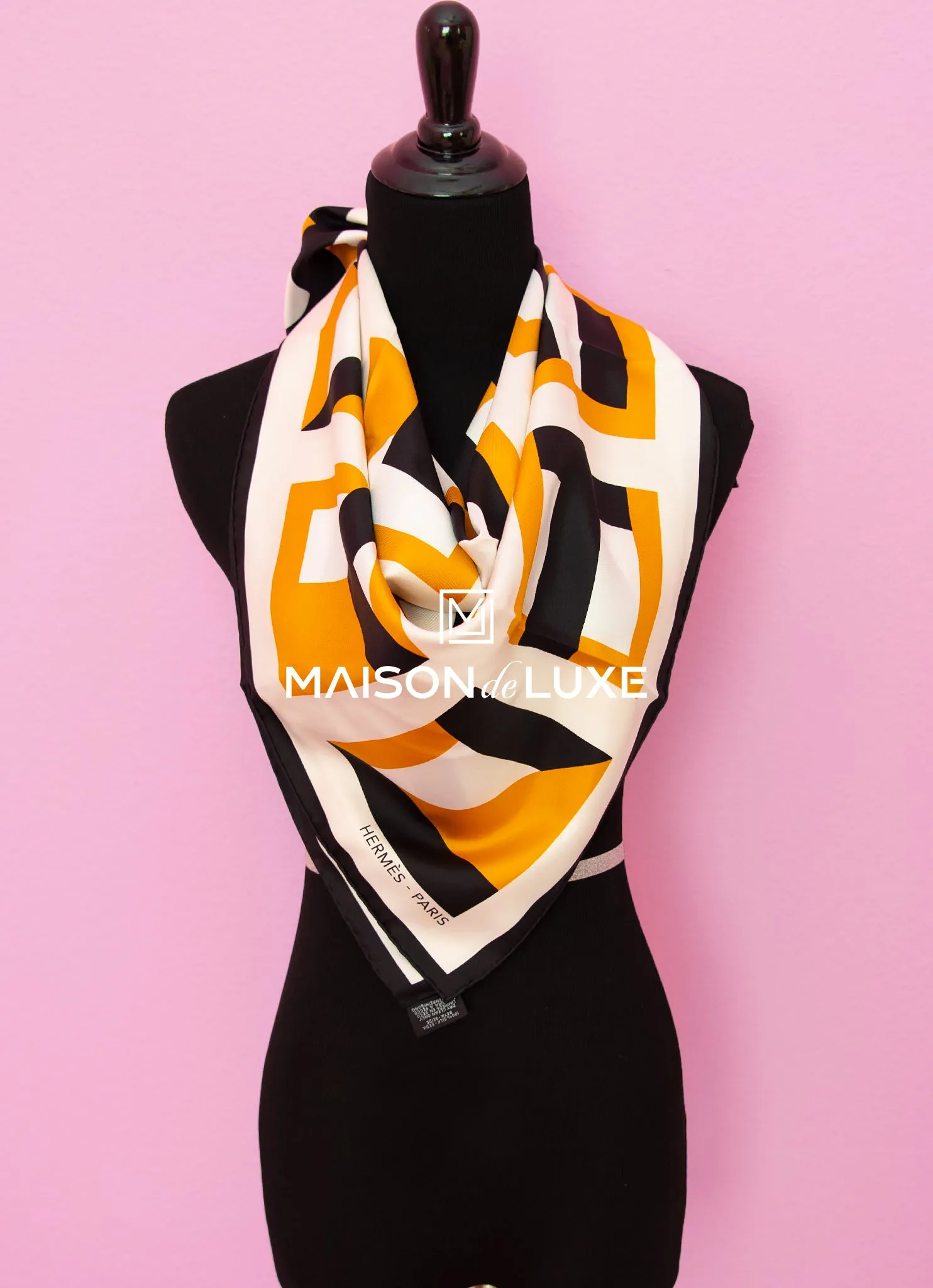 Hermes "Lettres au Carre" Yellow Twill Silk 90 cm Scarf