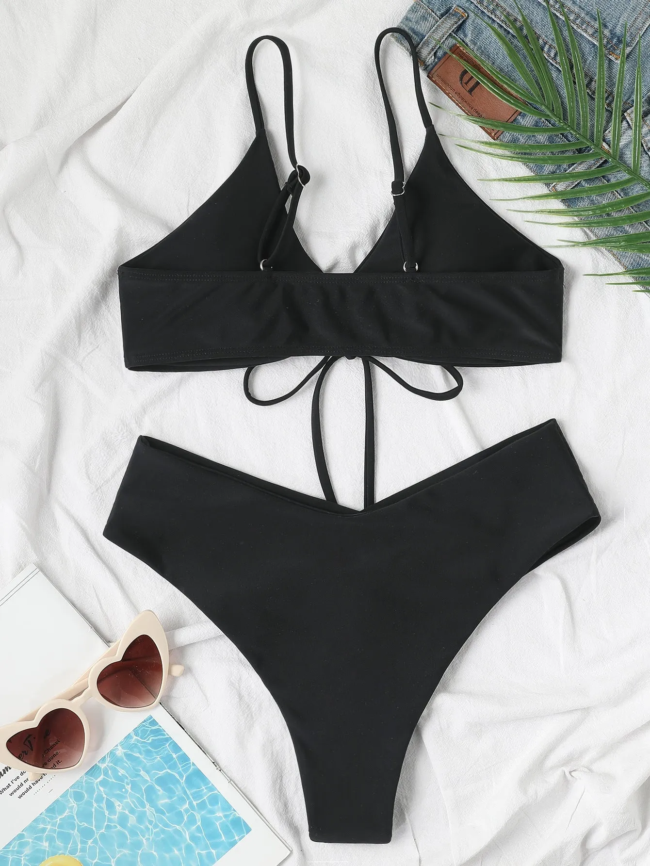 Hotian Women Self Tie High Cut Bikini Set Drawstring High Leg Swimsuits Black M - Walmart.com