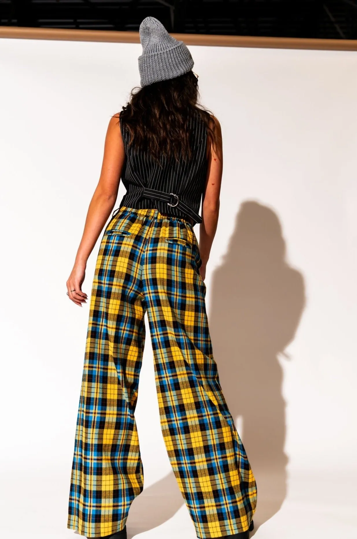 Lovers Lane Plaid Wide Leg Trousers in Yellow