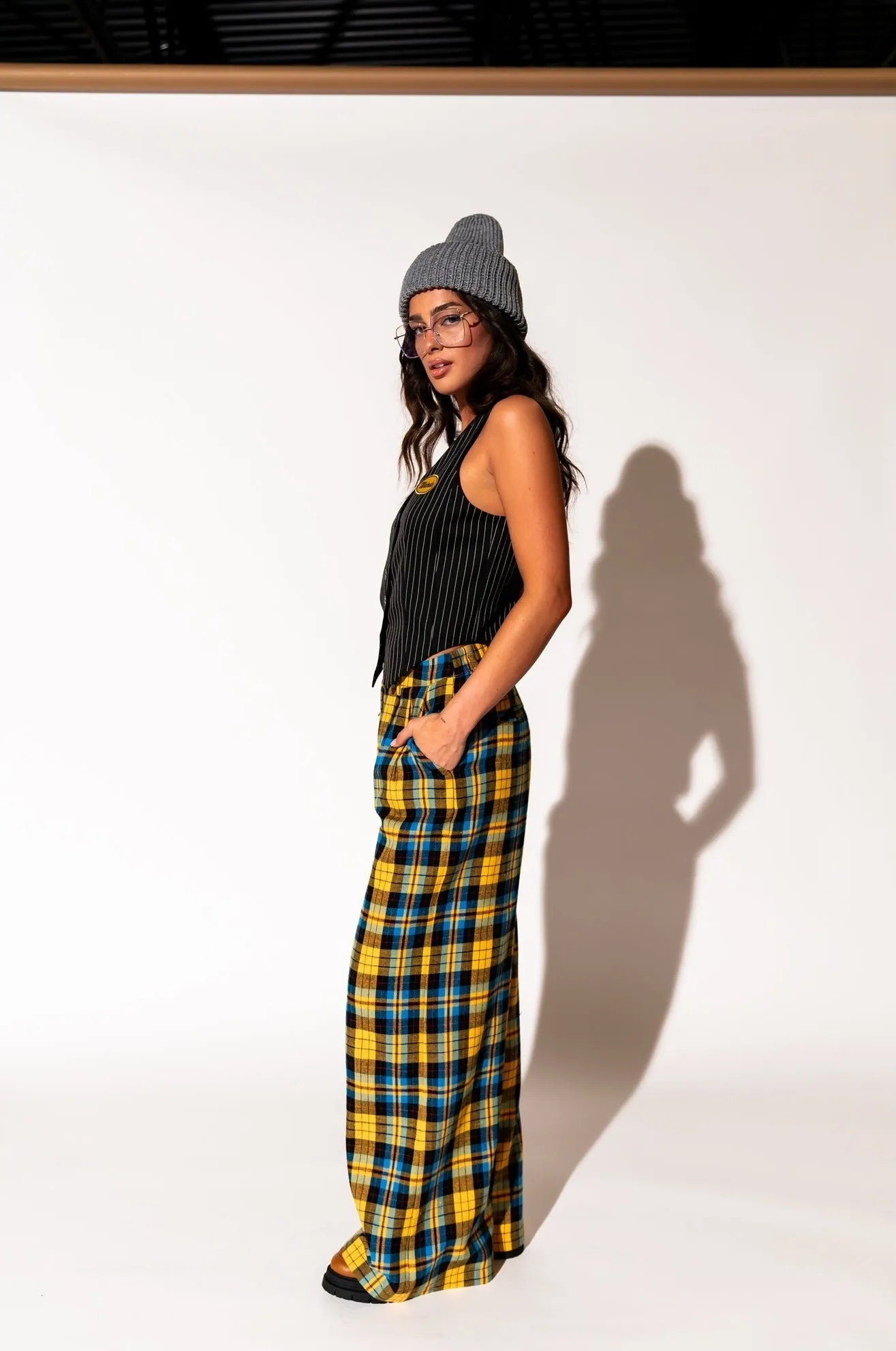 Lovers Lane Plaid Wide Leg Trousers in Yellow