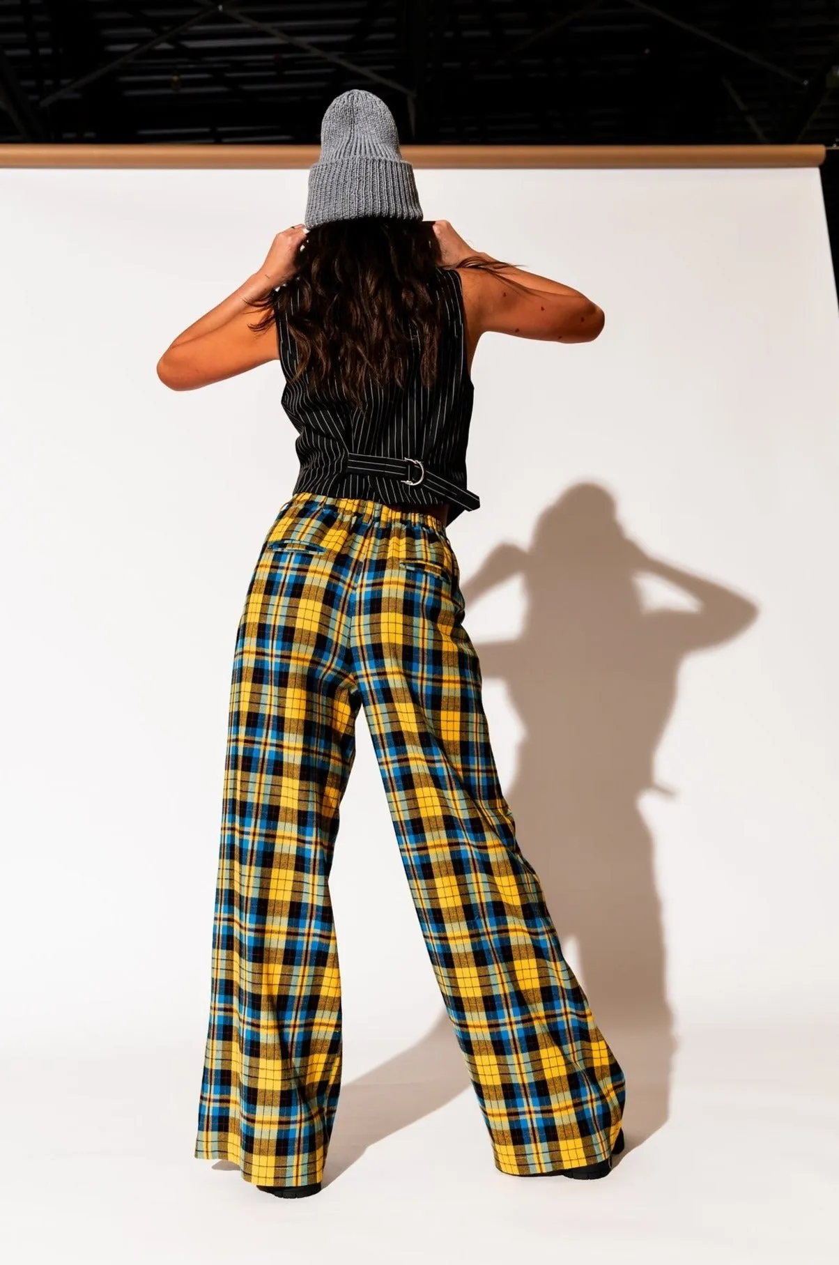 Lovers Lane Plaid Wide Leg Trousers in Yellow