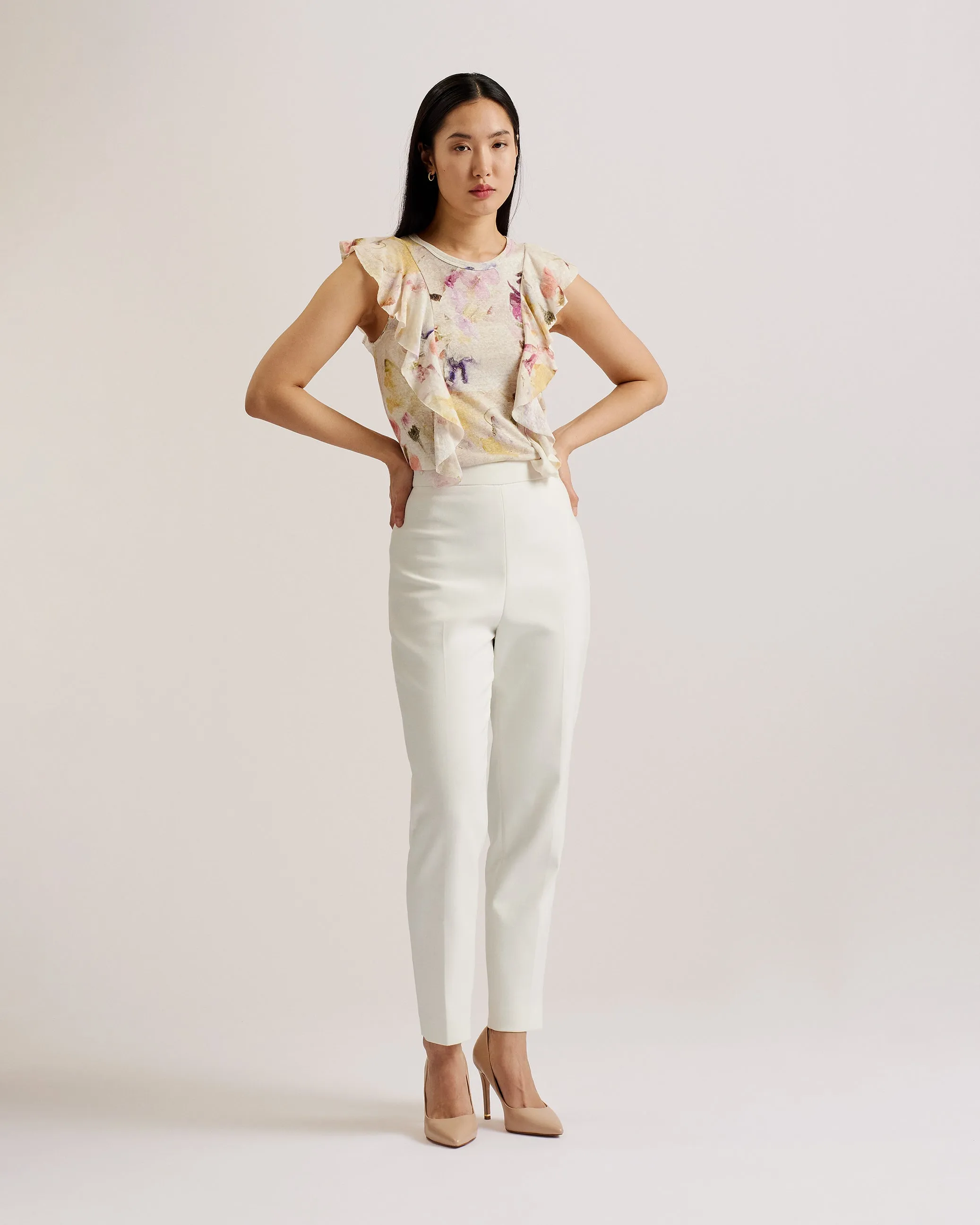 Maretaa Frill Trim Floral Cotton Linen Top White