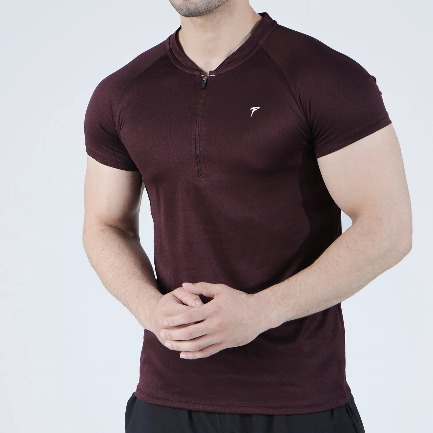 Maroon Mesh Quarter Zip Half Sleeve Tee