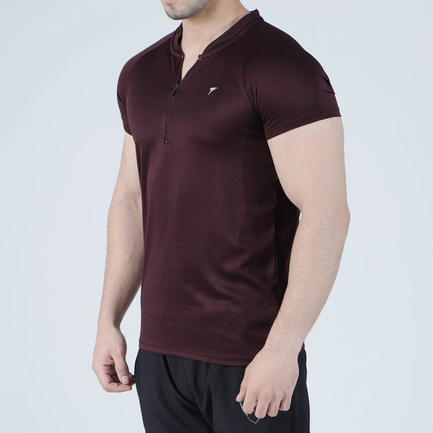 Maroon Mesh Quarter Zip Half Sleeve Tee