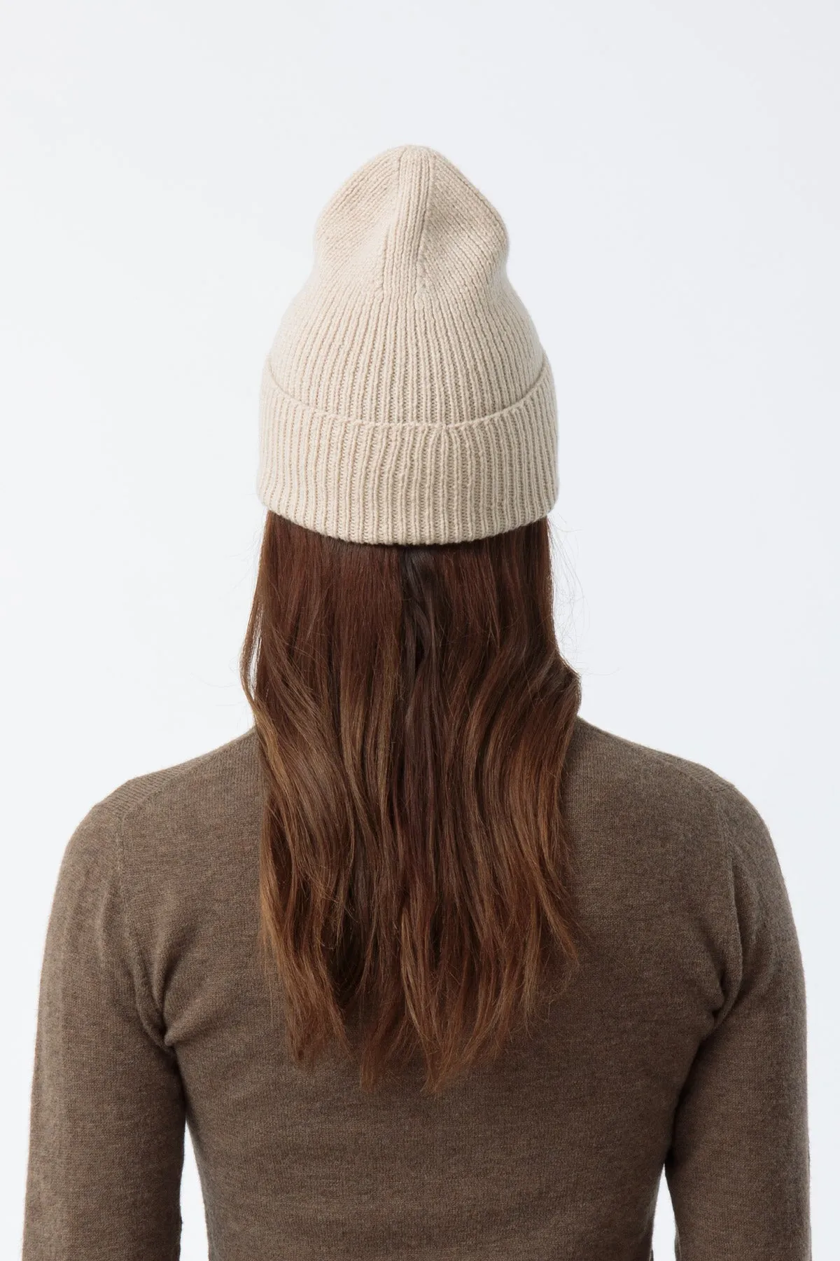 Merino Handknit Rib Hat in Almond White