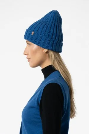 Merino Handknit Thick Rib Hat in Ocean Blue