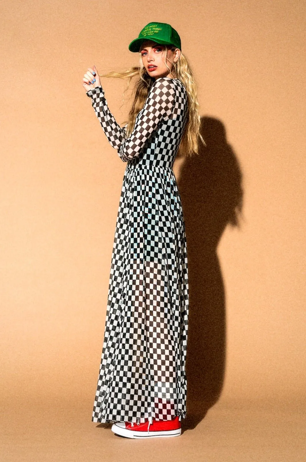 More You Mesh Maxi Dress in Black   White Checkerboard