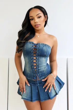 Muted Blue Denim Corset Top & Skirt SET