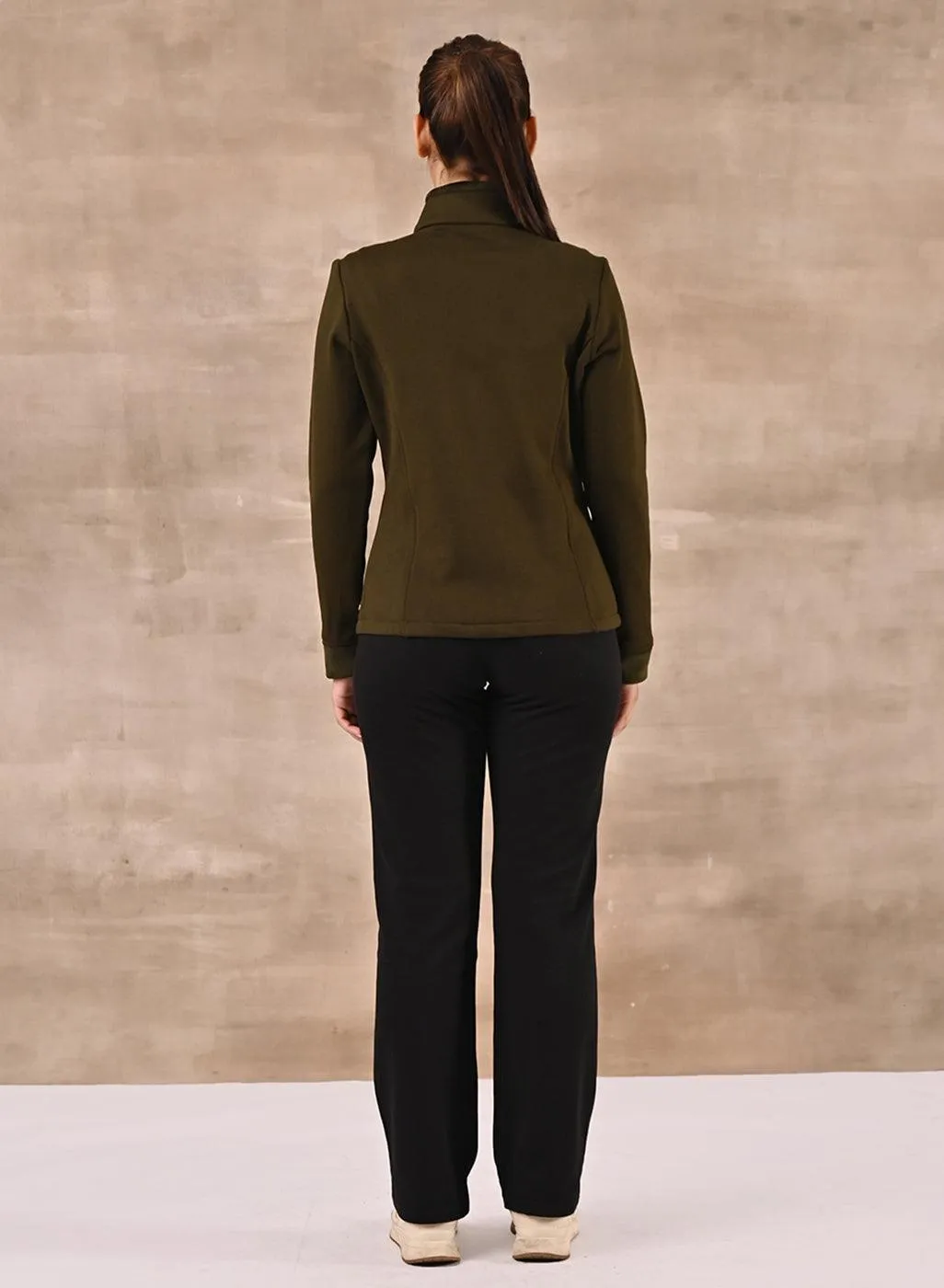 Olive Zip-front High-neck Regular Jacket with Pockets