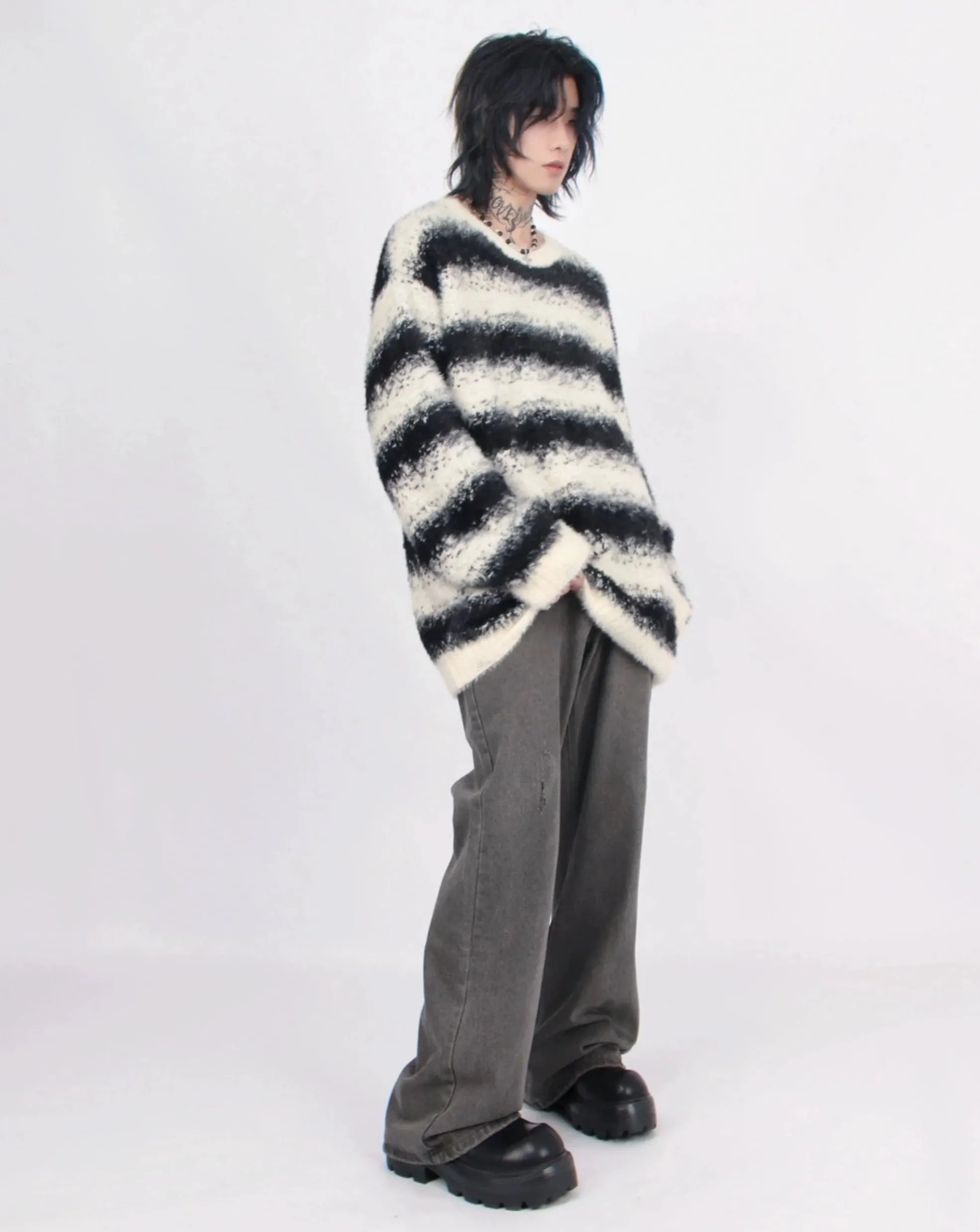 Oversized Striped Fuzzy Knit Sweater