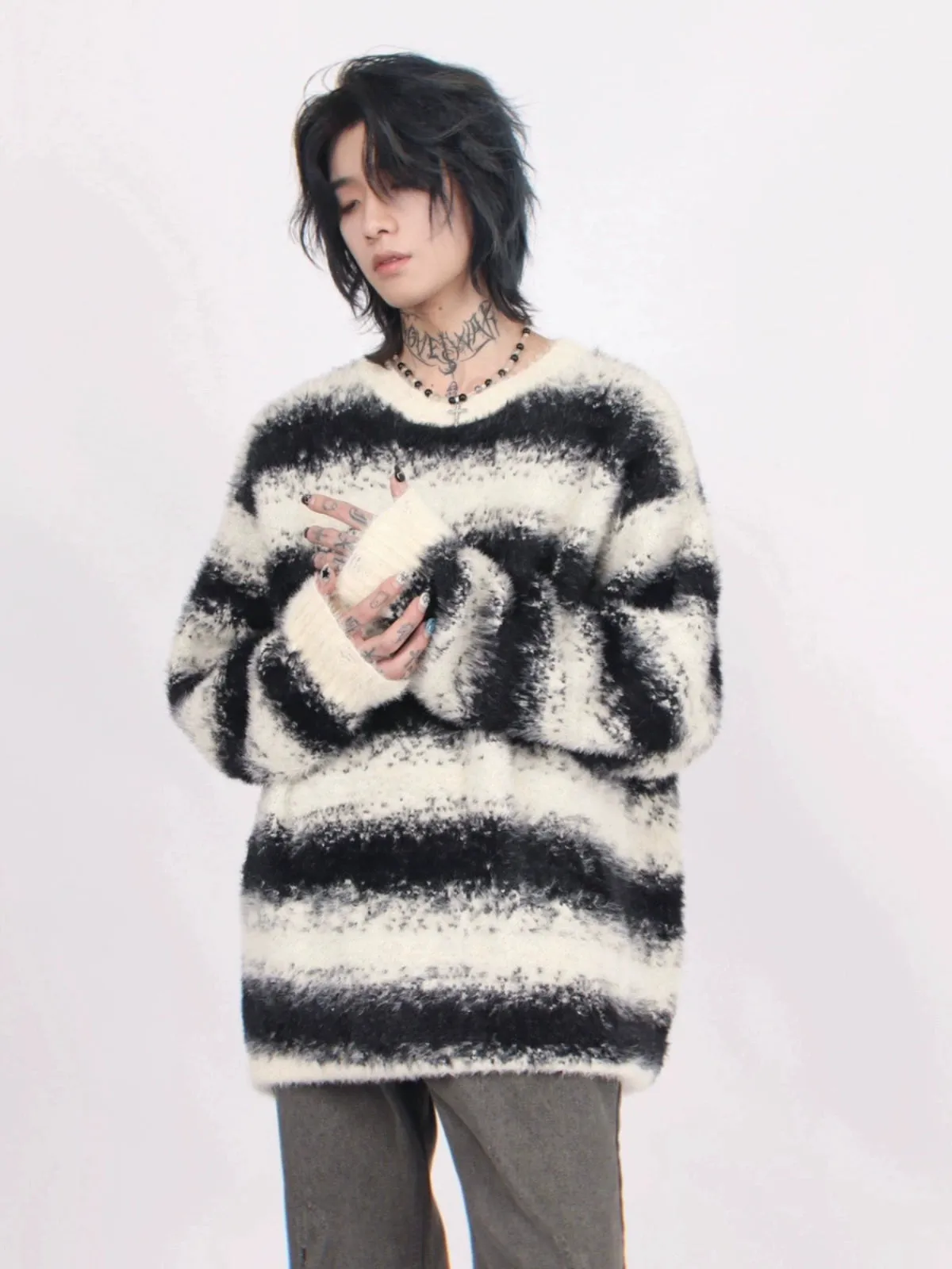 Oversized Striped Fuzzy Knit Sweater