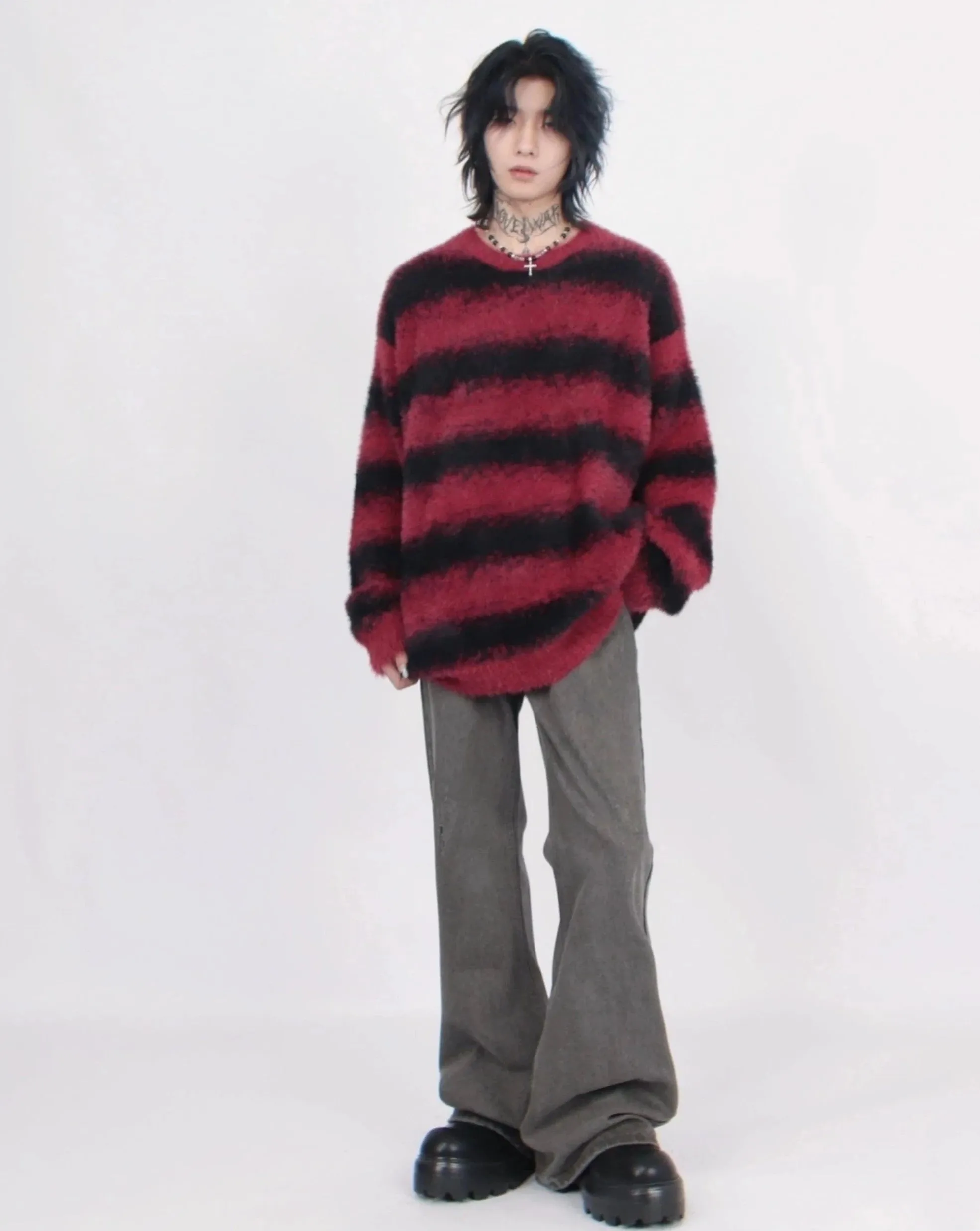 Oversized Striped Fuzzy Knit Sweater